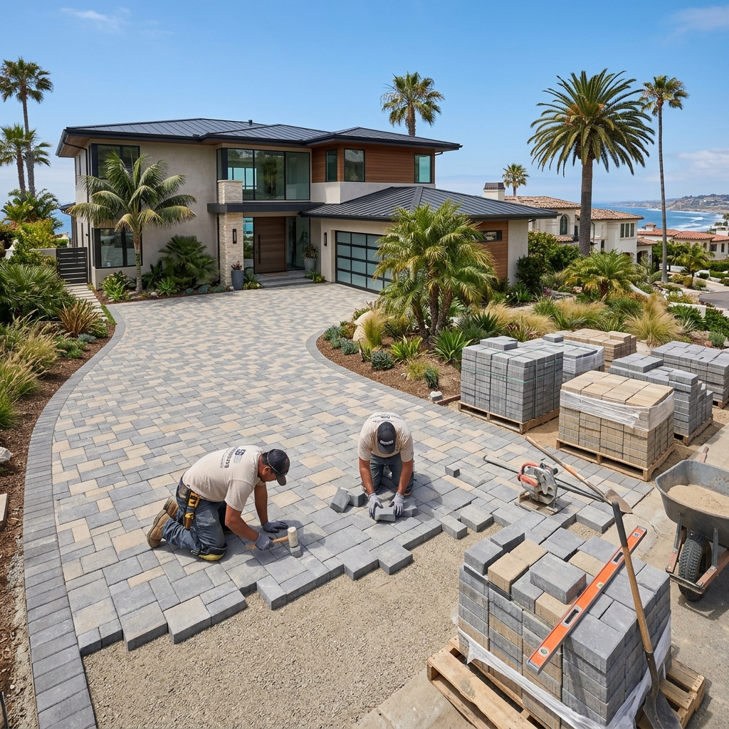 Professional paver driveway installation occurring in front of a modern San Diego coastal home