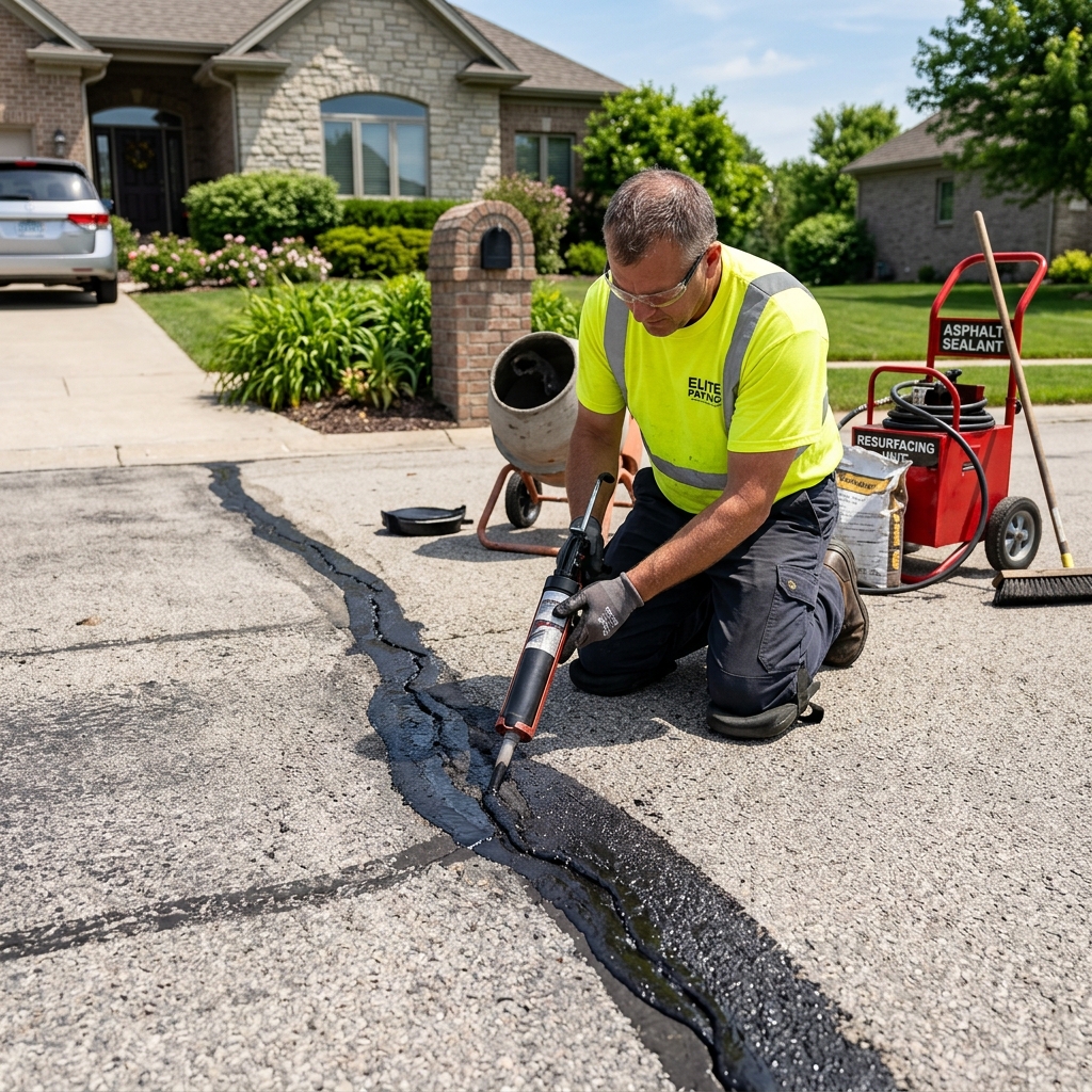 Professional residential driveway repair showing concrete resurfacing and clean crack sealing
